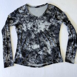 RBX Womens Tie Dye Long Sleeve Activewear Top V-Neck Thumbhole Grey Black Size M